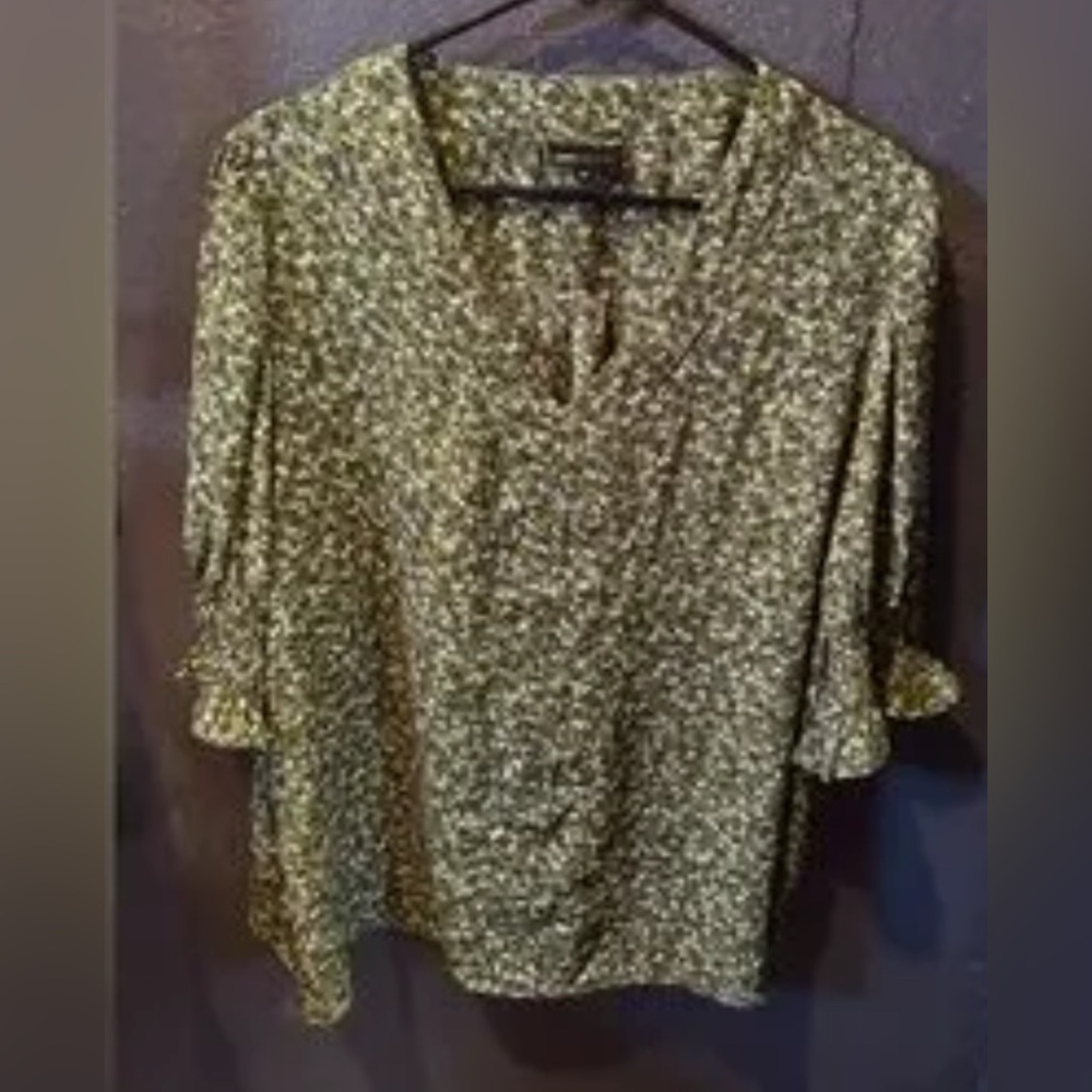 Jones New York Olive and Brown Patterned Blouse